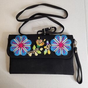Peruvian hand embroidered black leather clutch/crossbody purse